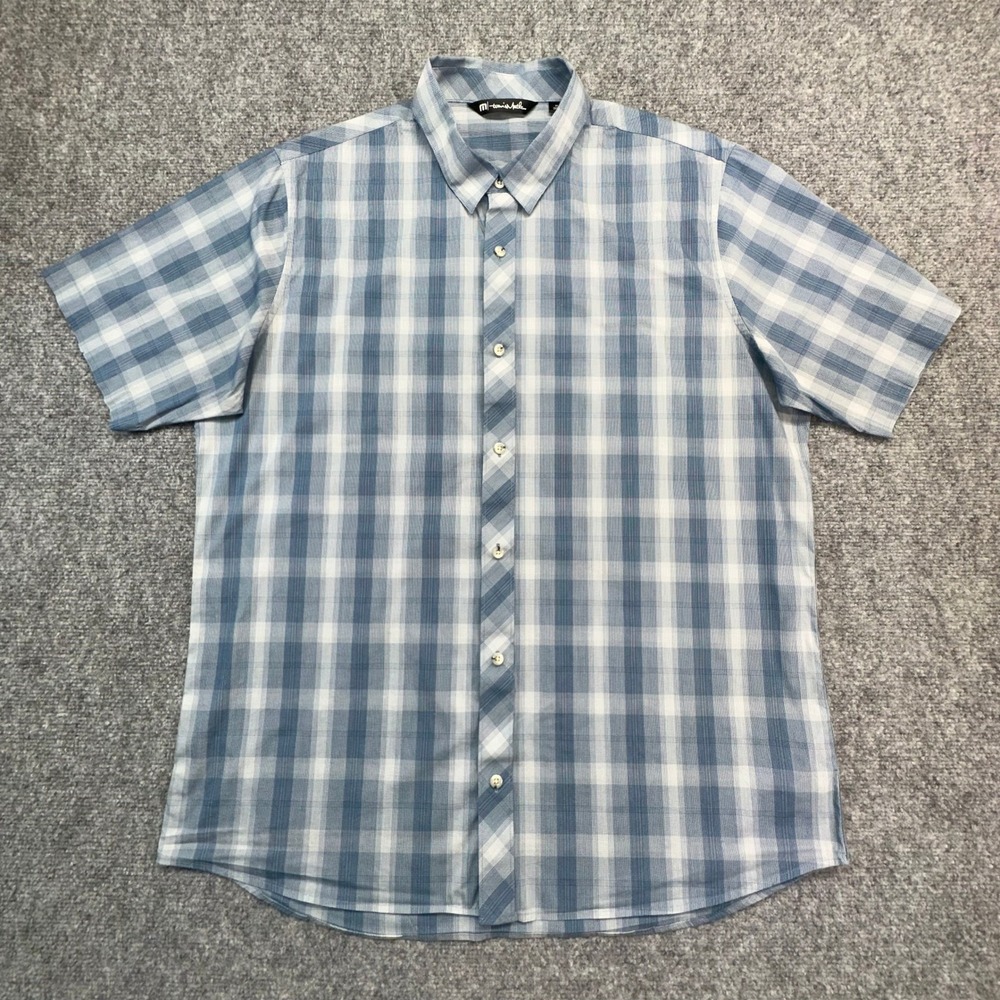 Travis Mathew Plaid Button Down Shirt Mens XL Blue Short Sleeve